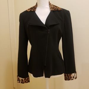 Black Blazer Jacket with Leopard Trim